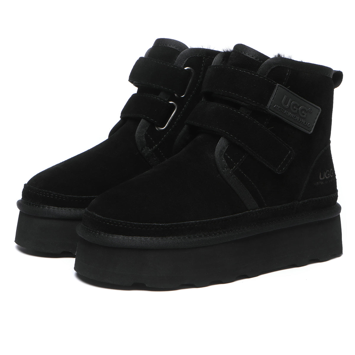 Black UGG Dylan Platform Boots by EverUgg with chunky soles and ankle height, featuring smooth leather finish and stylish design.