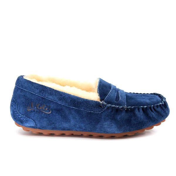 Navy UGG flats moccasin for women, slip-on slippers with soft interior and classic design, by AuSnow.