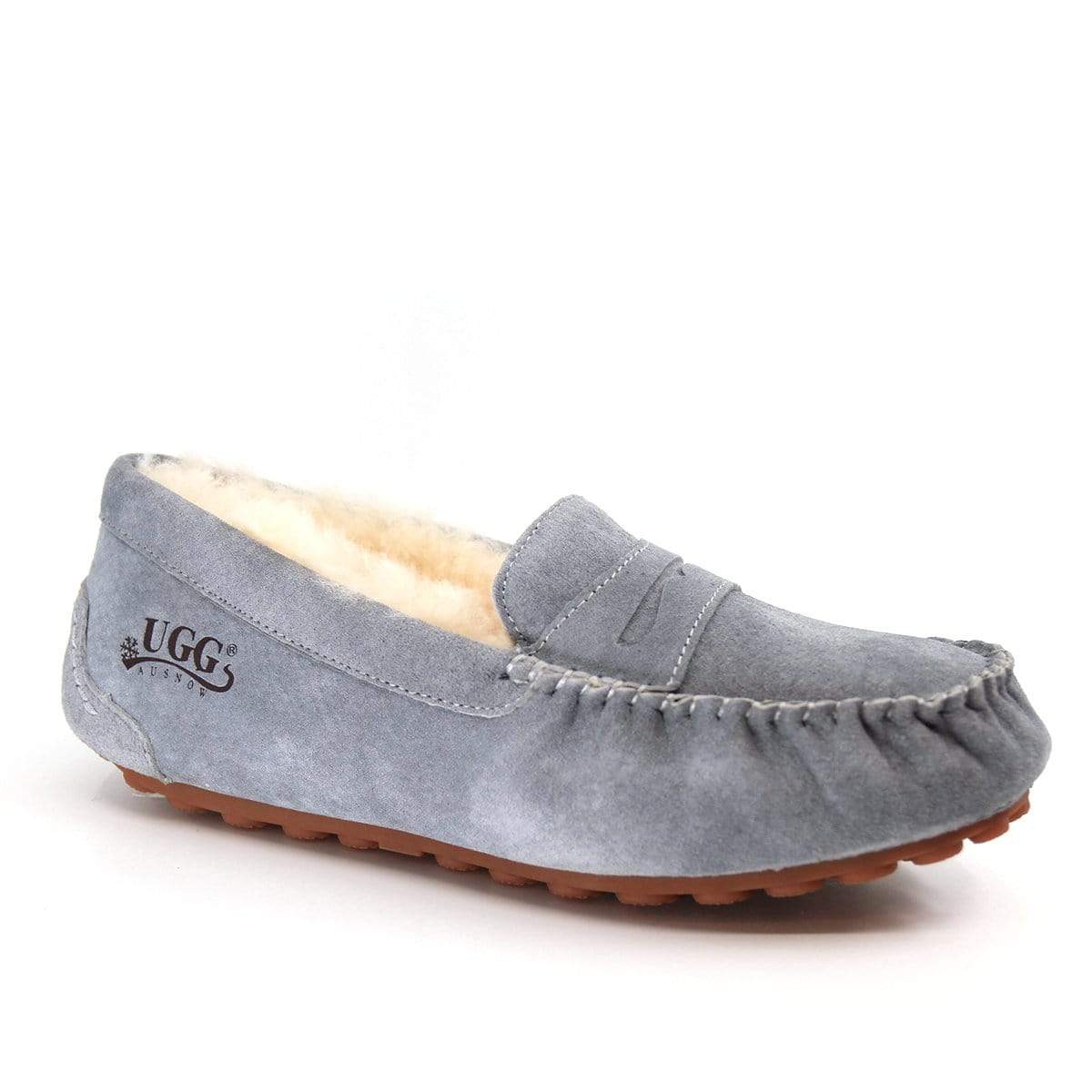 AuSnow UGG flats moccasin slippers for women, soft suede with stitching detail and comfortable slip-on design.