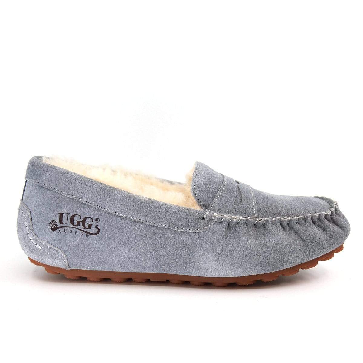 Gray UGG flats moccasin shoes for women and men, featuring soft slippers and slide-style design from AuSnow.