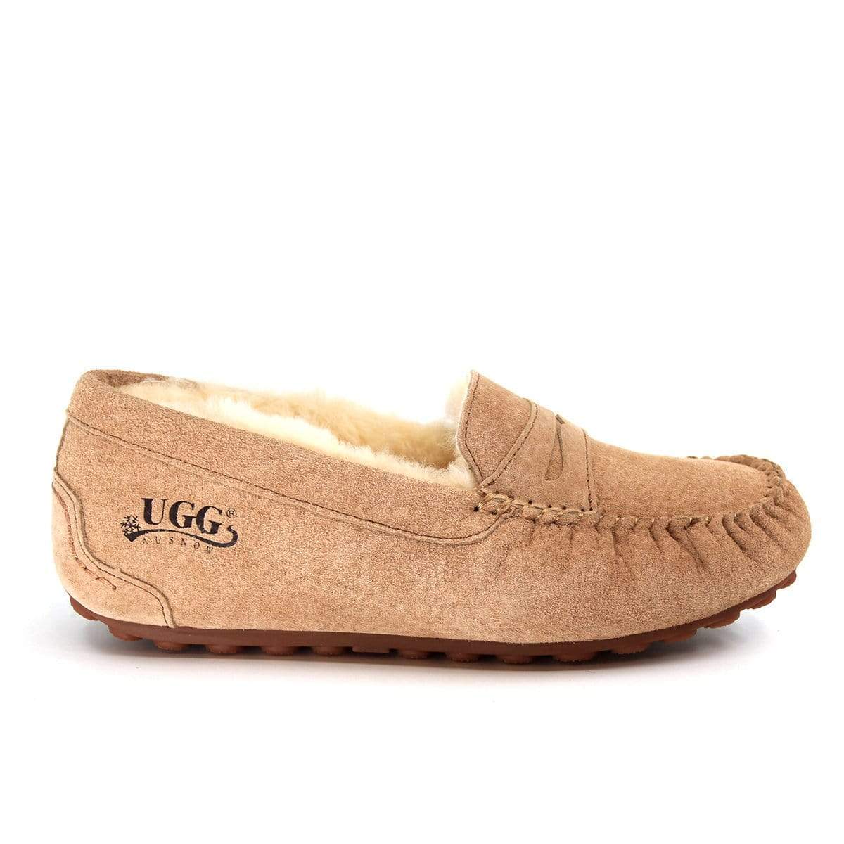 AuSnow UGG flats moccasin in chestnut color, women's slippers with soft suede material and comfortable slip-on design.