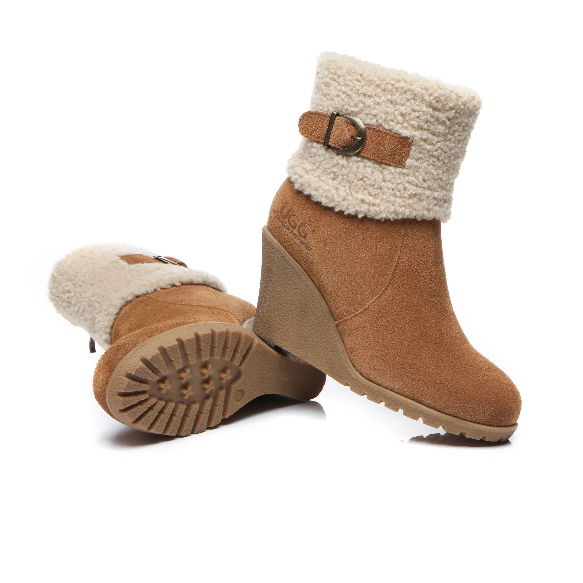 EverUgg Joey Wedge Fashion Boots for women, stylish brown leather shoes with chunky wedge heel and ankle height.
