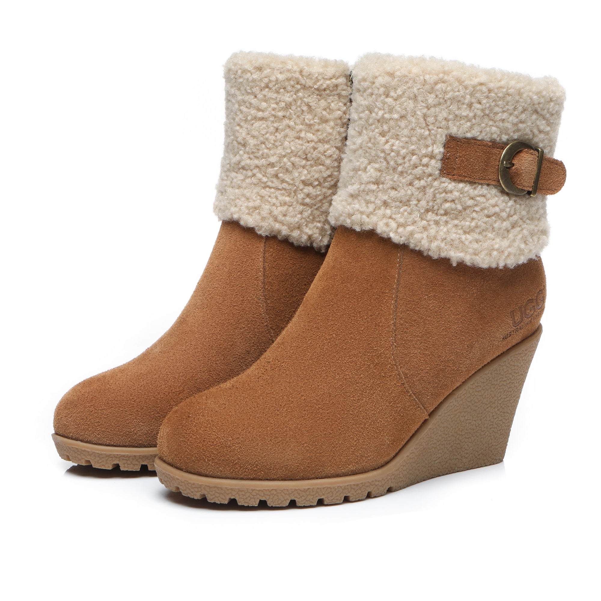EverUgg UGG Joey Wedge Fashion Boots for women, stylish black leather shoes with wedge heel and ankle length design.