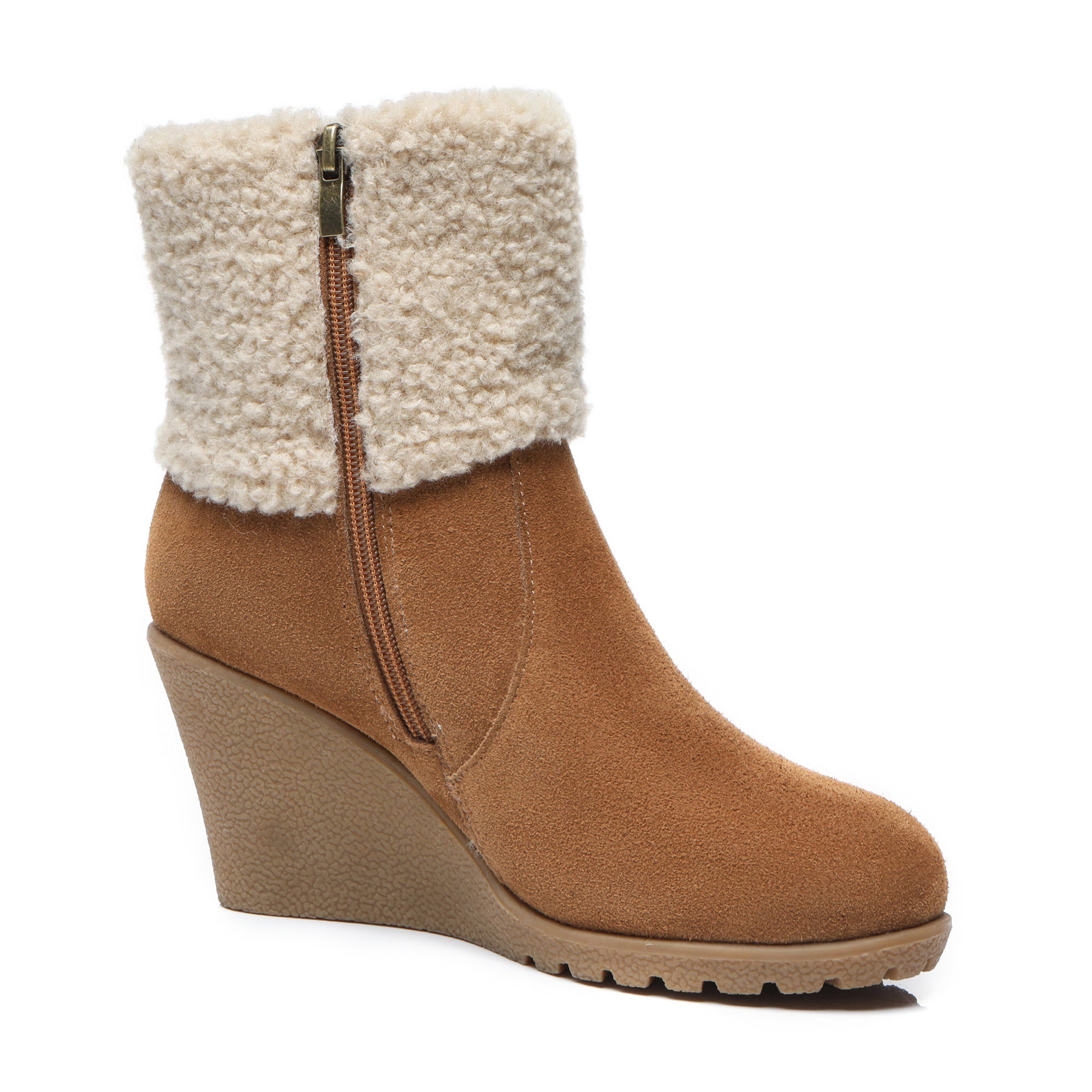 EverUgg UGG Joey Wedge Fashion Boots for women, taupe leather shoes with chunky wedge heel and stylish design.