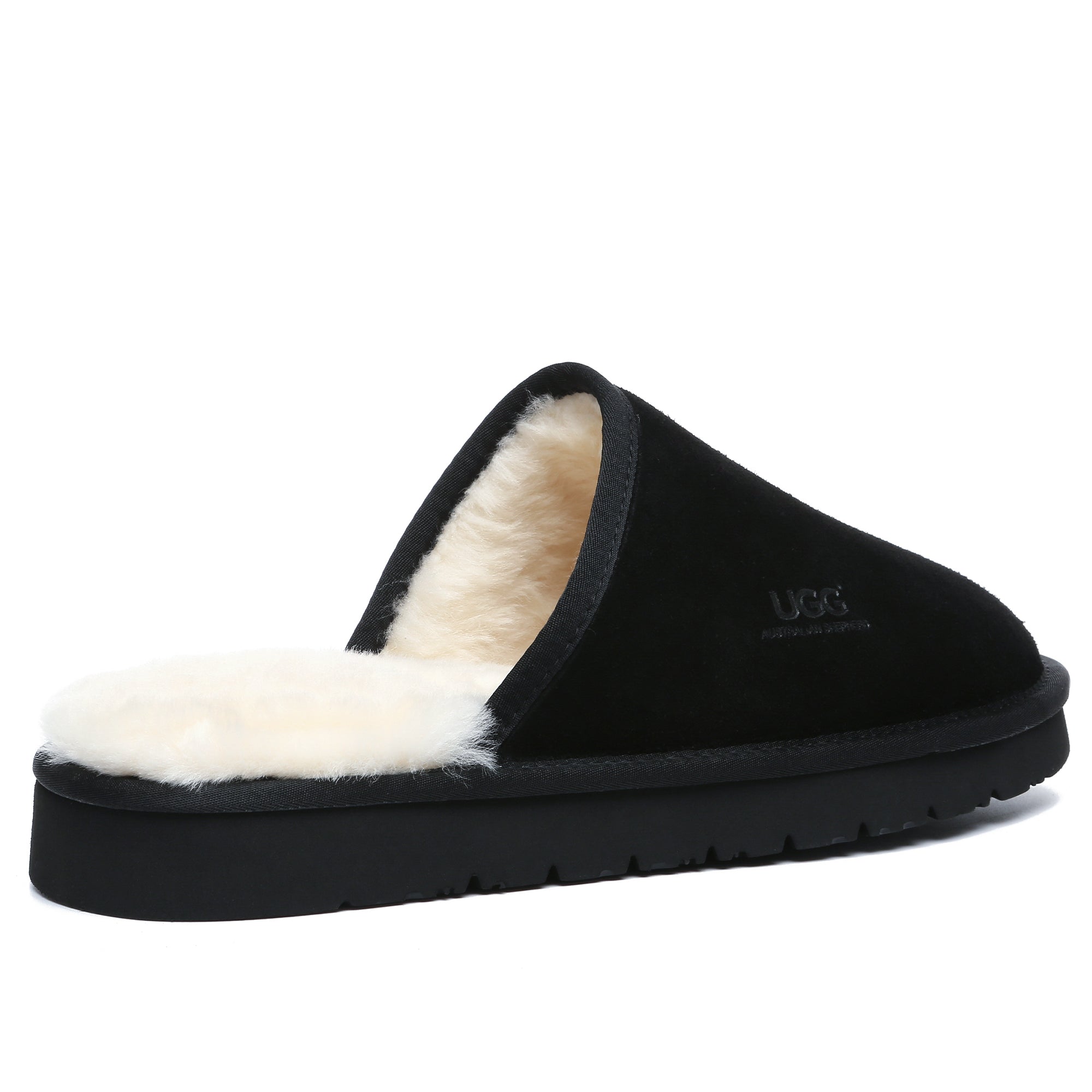 Black UGG men's Ultra Comfort Sole slippers with plush lining and slip-on design, showcasing the cozy footwear from EverUgg.