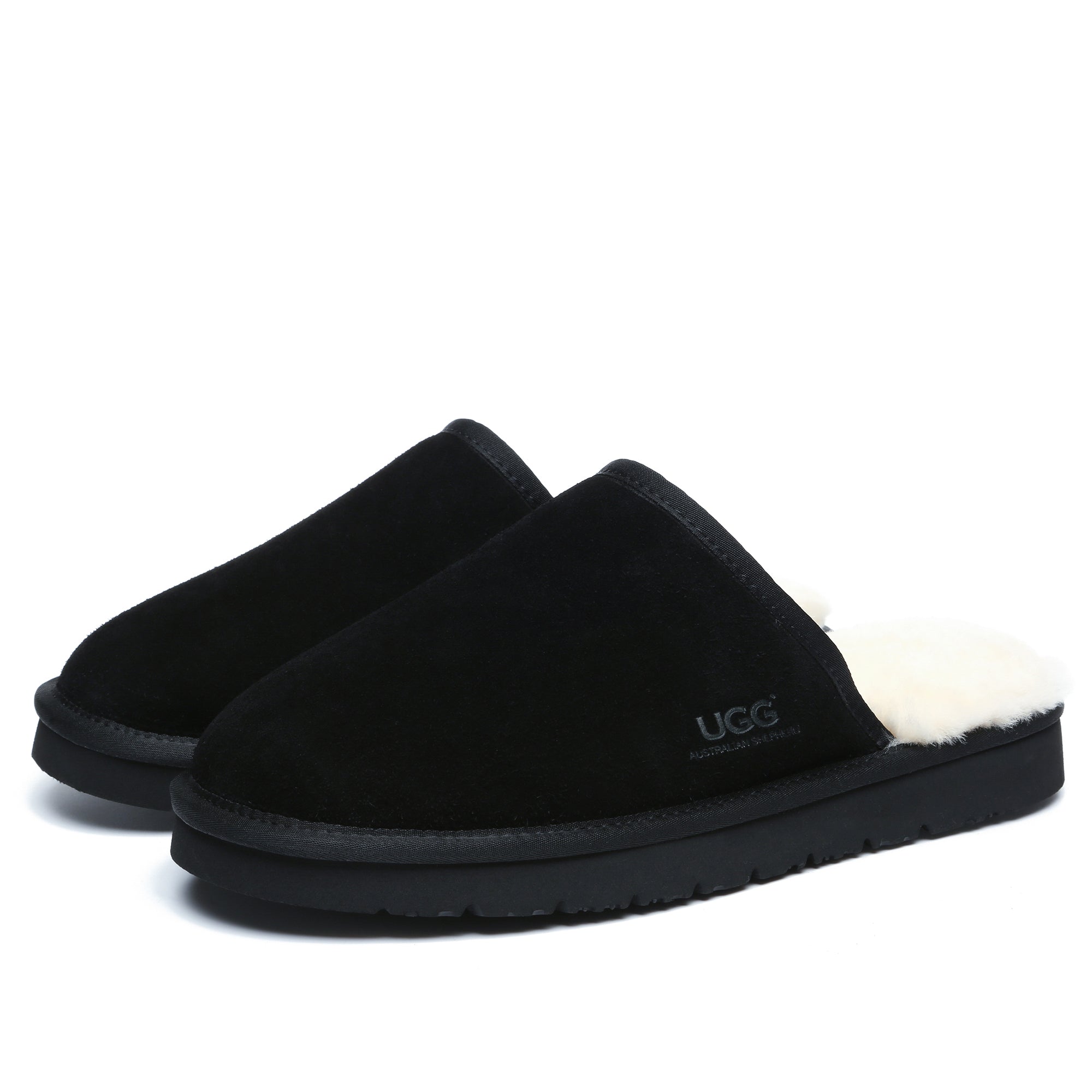 Black EverUgg men's slippers with ultra comfort soles, featuring soft uppers and cushioned insoles for cozy indoor wear.