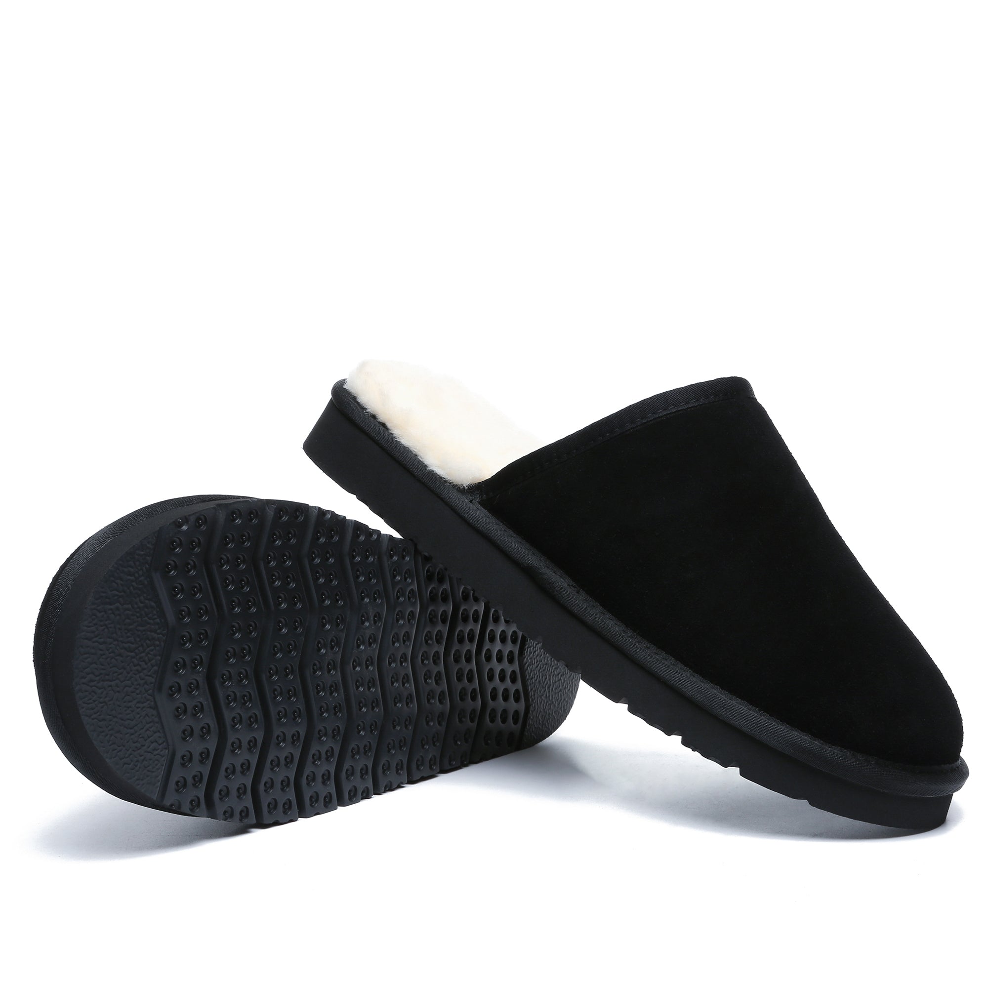 Black UGG men's slippers with ultra comfort sole, featuring soft interior and casual slip-on design.
