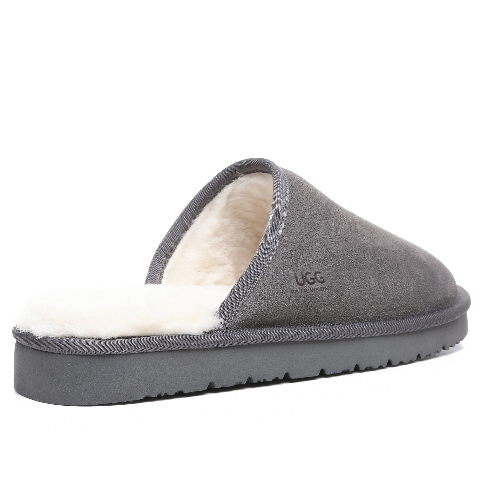 Grey UGG men's Ultra Comfort Sole slippers with soft lining and casual slip-on design, ideal for indoor comfort.