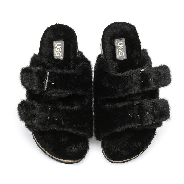 EverUgg UGG Mila women's fluffy sandal with plush straps and cushioned sole, ideal for comfortable casual wear.