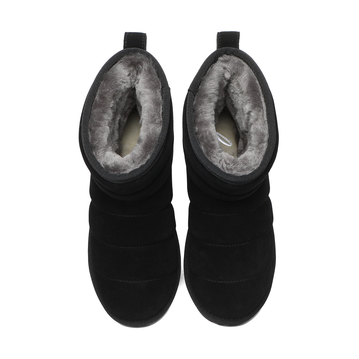 EverUgg UGG Mini Puffer Boots for women, stylish black insulated shoes with puffy design and ankle height, suitable for winter wear.