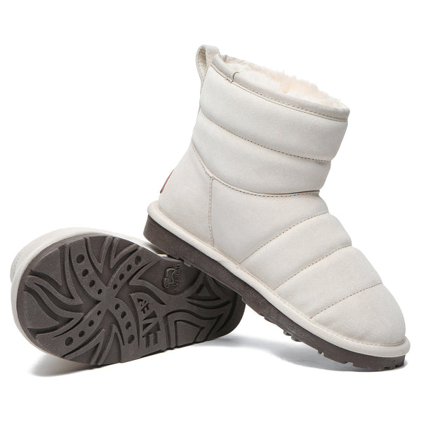 EverUgg mini puffer boots for women featuring a stylish, insulated design with a sleek black exterior and cozy interior.