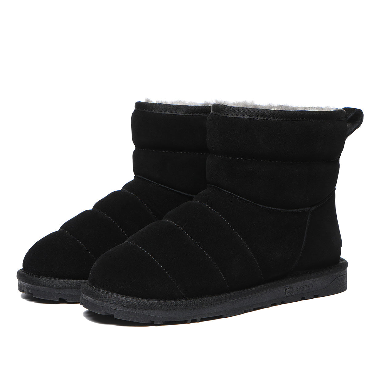 EverUgg UGG Mini Puffer Boots for women, stylish black puffer winter shoes with a plush interior and chunky sole.