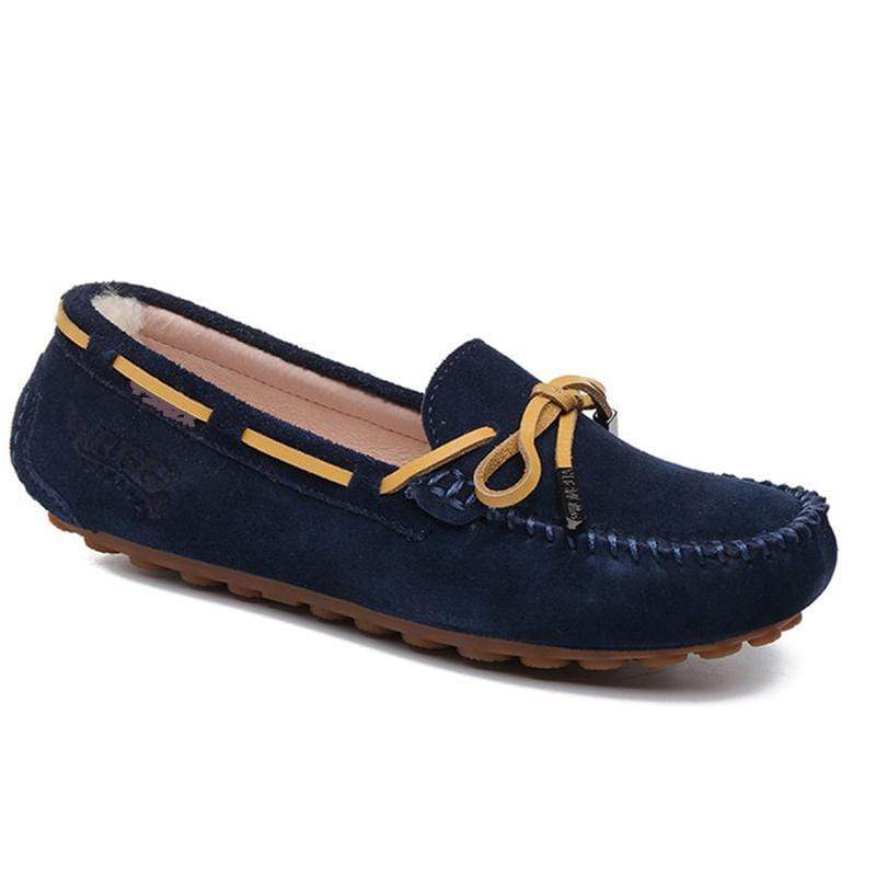 Navy UGG Ozsnow Moccasin slippers for women and men by AuSnow, featuring soft slip-on design and plush interior.