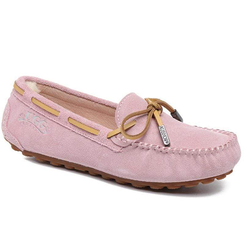 Pink UGG Ozsnow Moccasin slippers for women by AuSnow, cozy slip-on shoes with soft interior and textured sole.