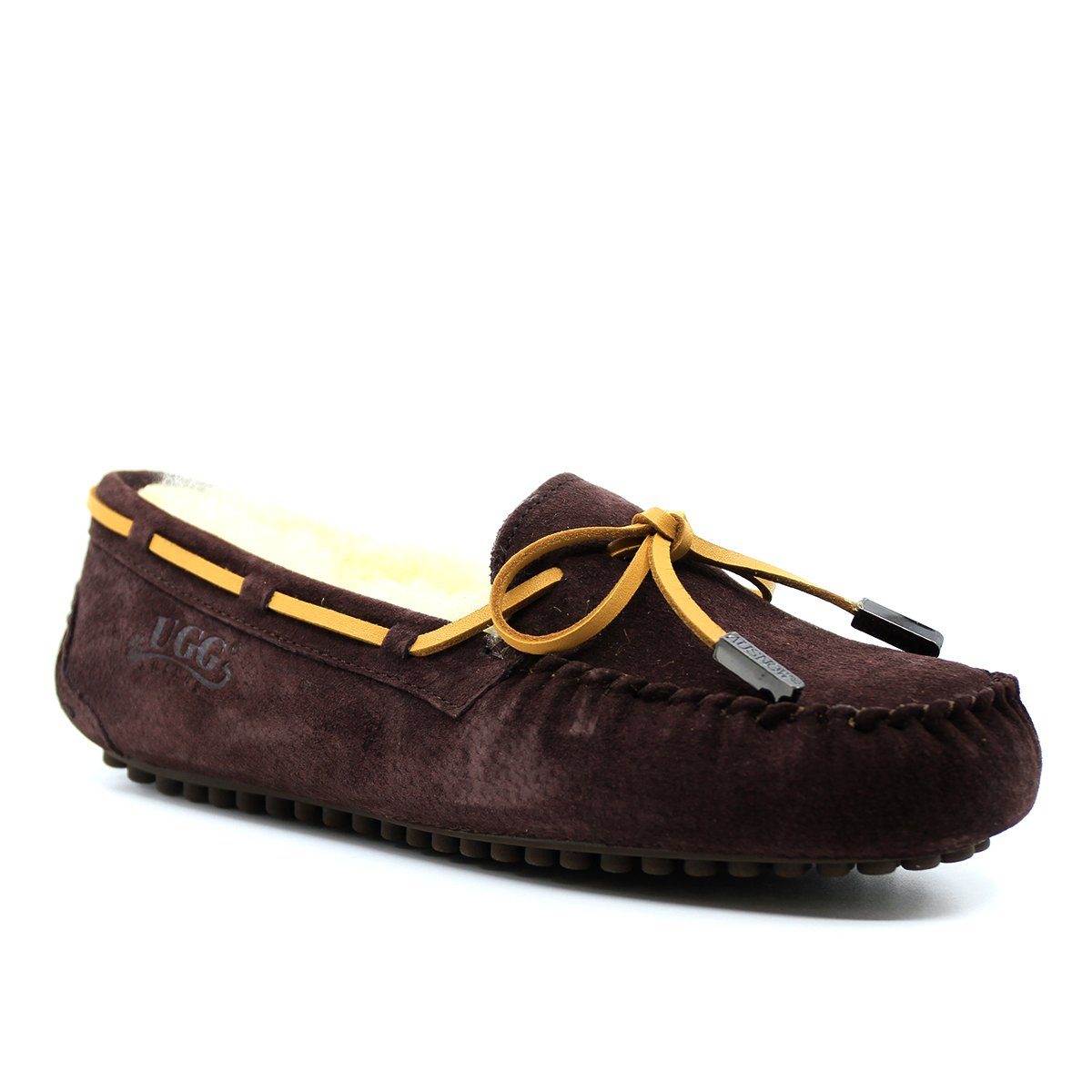 AuSnow UGG Ozsnow Premium Moccasin women's slippers with soft suede exterior and cozy fleece lining, perfect for indoor comfort.