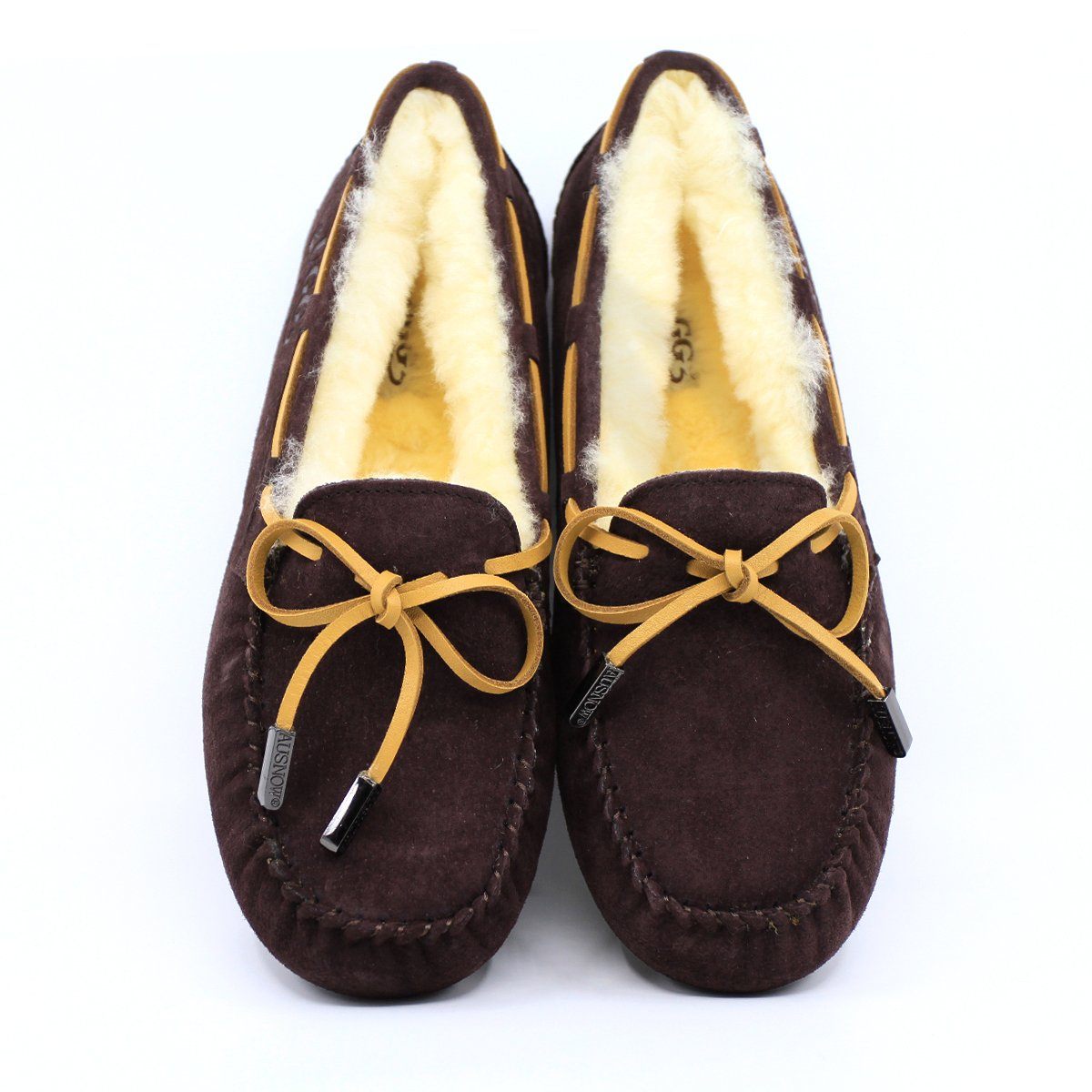 AuSnow UGG Ozsnow Premium Moccasin slippers for women, featuring soft suede exterior and plush interior for cozy comfort.