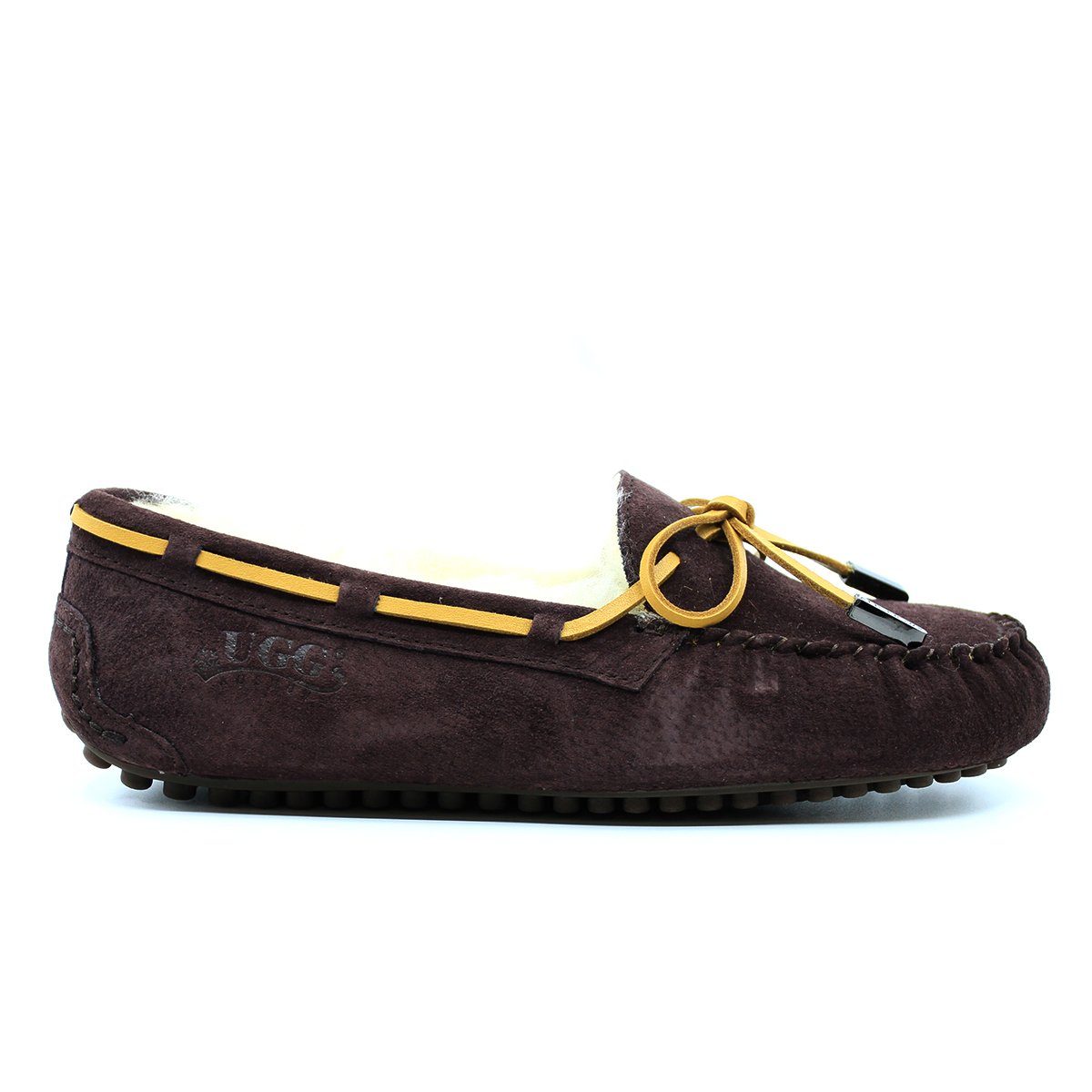 UGG Ozsnow Premium Moccasin slippers in chocolate for women and men, featuring soft material and comfortable slip-on design.