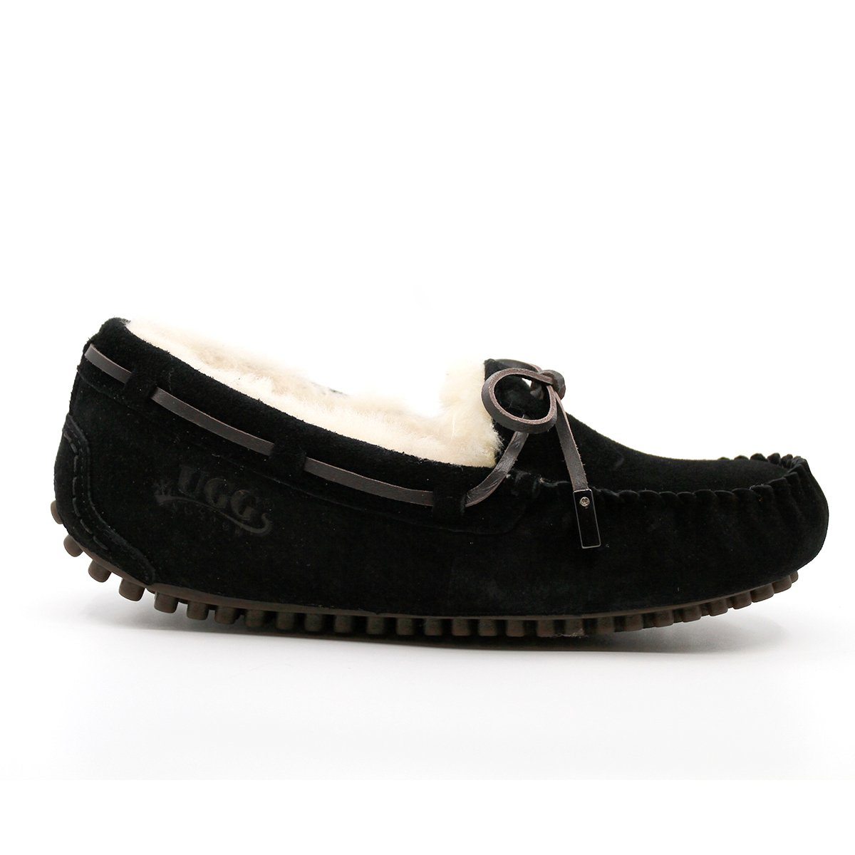 Black UGG Ozsnow Premium Moccasin slippers for women and men by AuSnow, featuring soft suede material and cozy interior.