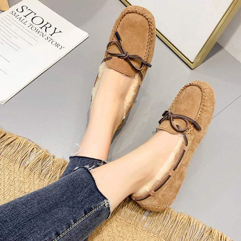 AuSnow UGG Ozsnow Premium Moccasin slippers for women with soft suede material and cozy interior, perfect for comfortable indoor wear.