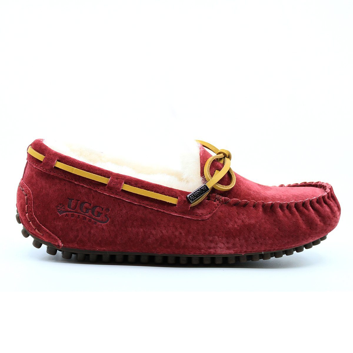 Wine-colored UGG Ozsnow Premium Moccasin slippers for women and men by AuSnow, featuring soft moccasin design and plush interior.