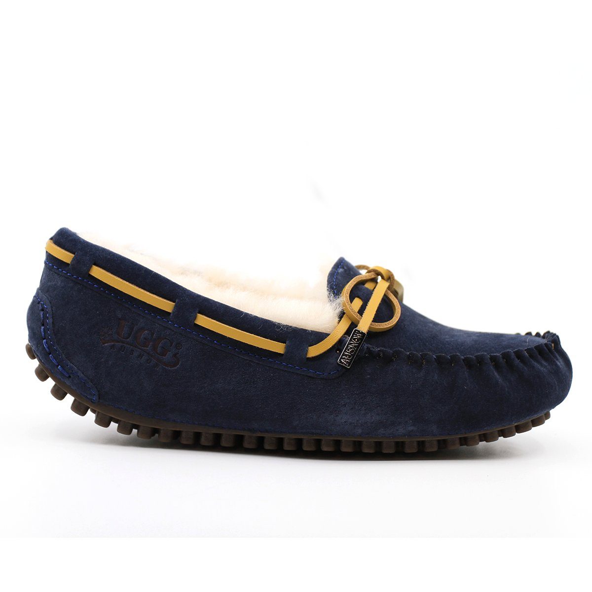 Navy UGG Ozsnow Premium Moccasin slippers for women and men with plush lining, casual slip-on shoe by AuSnow.