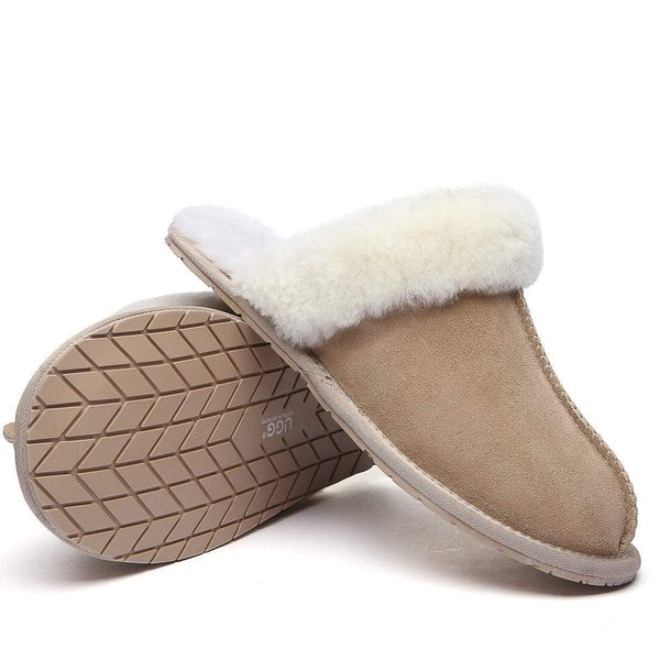 EverUgg UGG Premium Scuff Slippers for women, cozy slip-on shoes with plush interior and soft suede exterior.