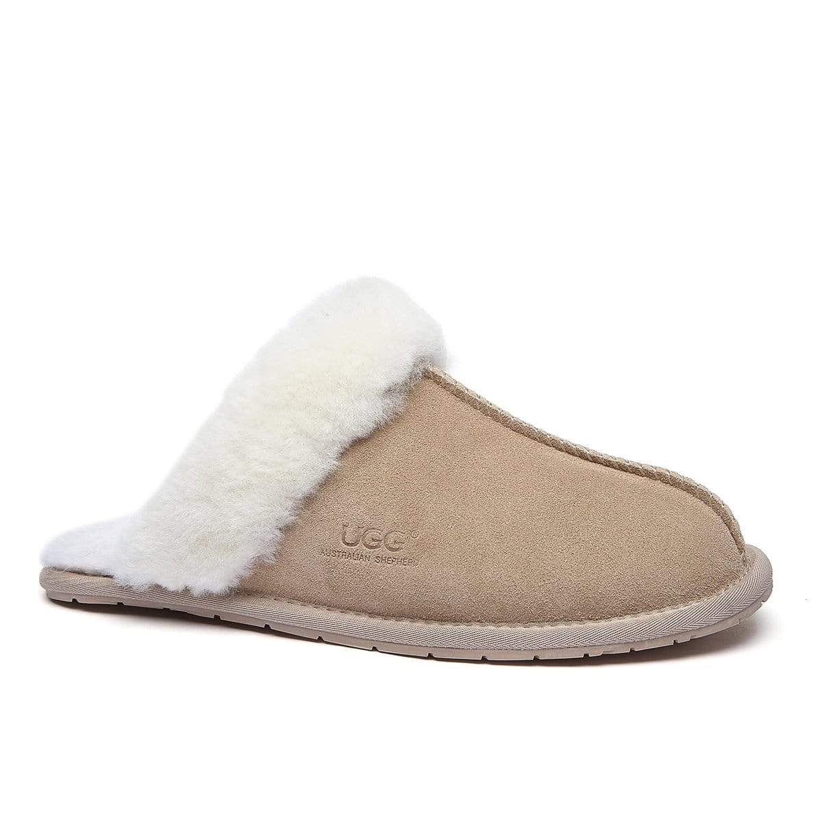 EverUgg UGG Premium Scuff Slippers for women, soft plush interior, tan leather exterior, slip-on design, cozy footwear for indoor use
