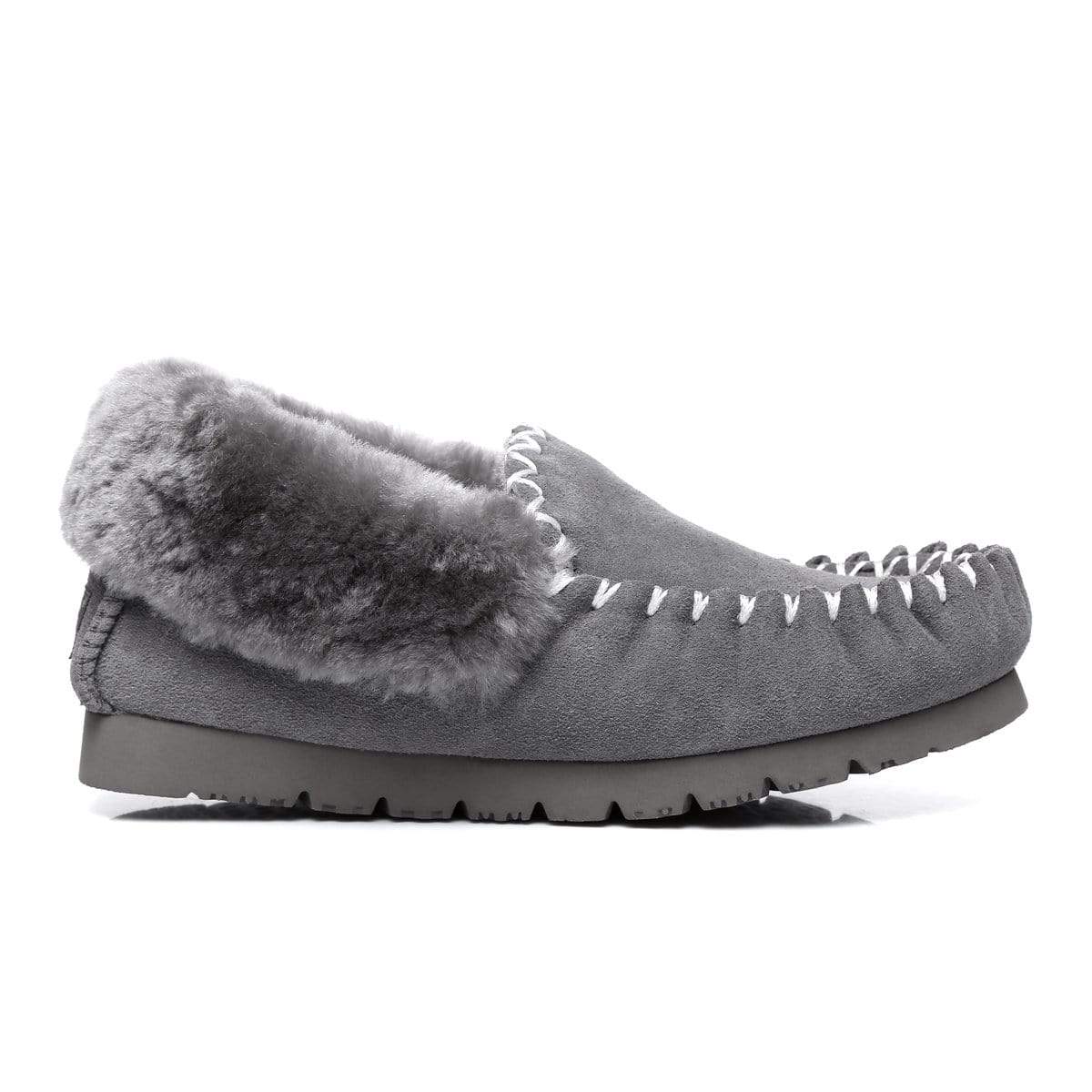 EverUgg grey UGG traditional moccasin slippers for women and men, soft suede slip-ons with cozy interior and durable sole.