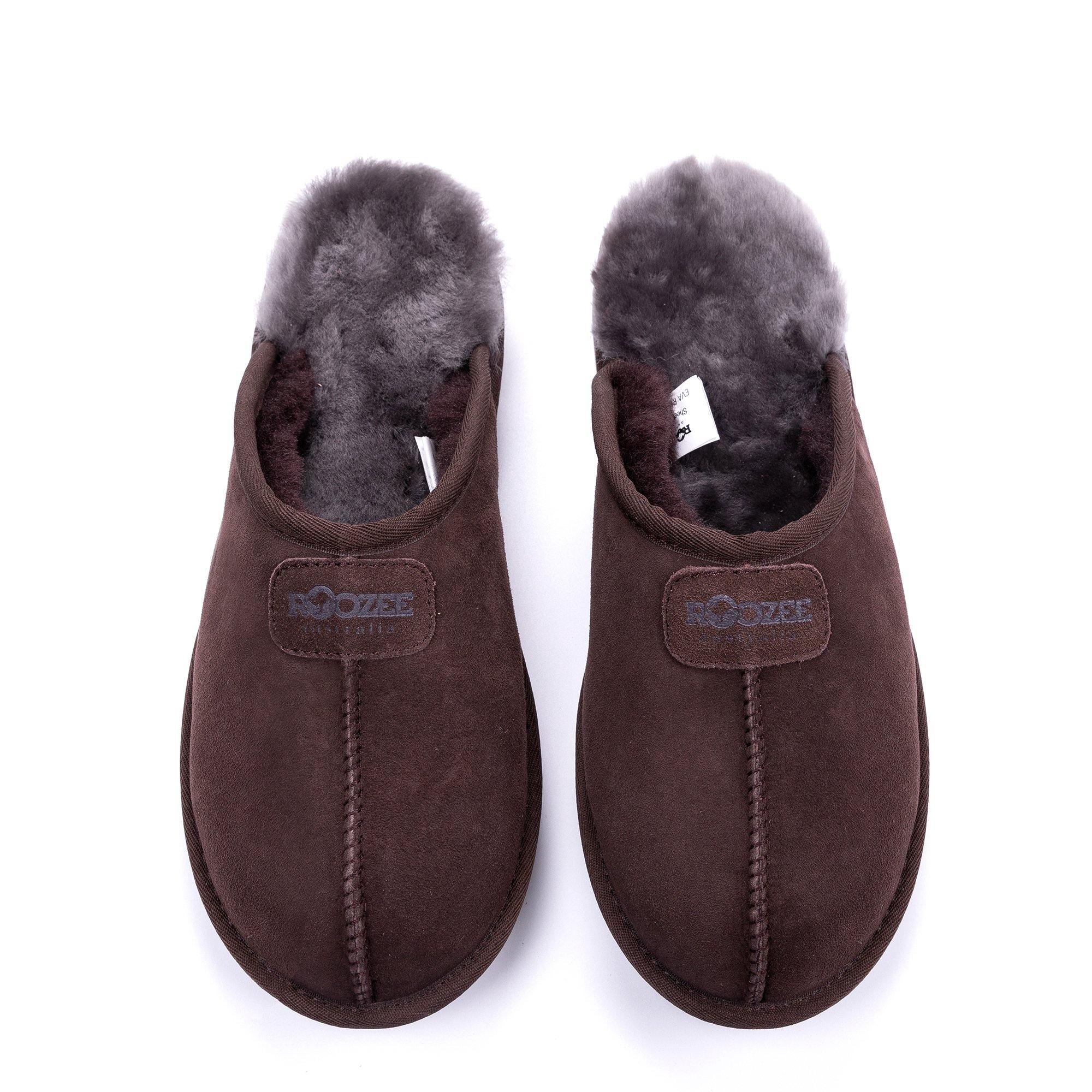 Roozee men's UGG Roozee scuff slippers in chocolate brown with soft suede material and slip-on design.