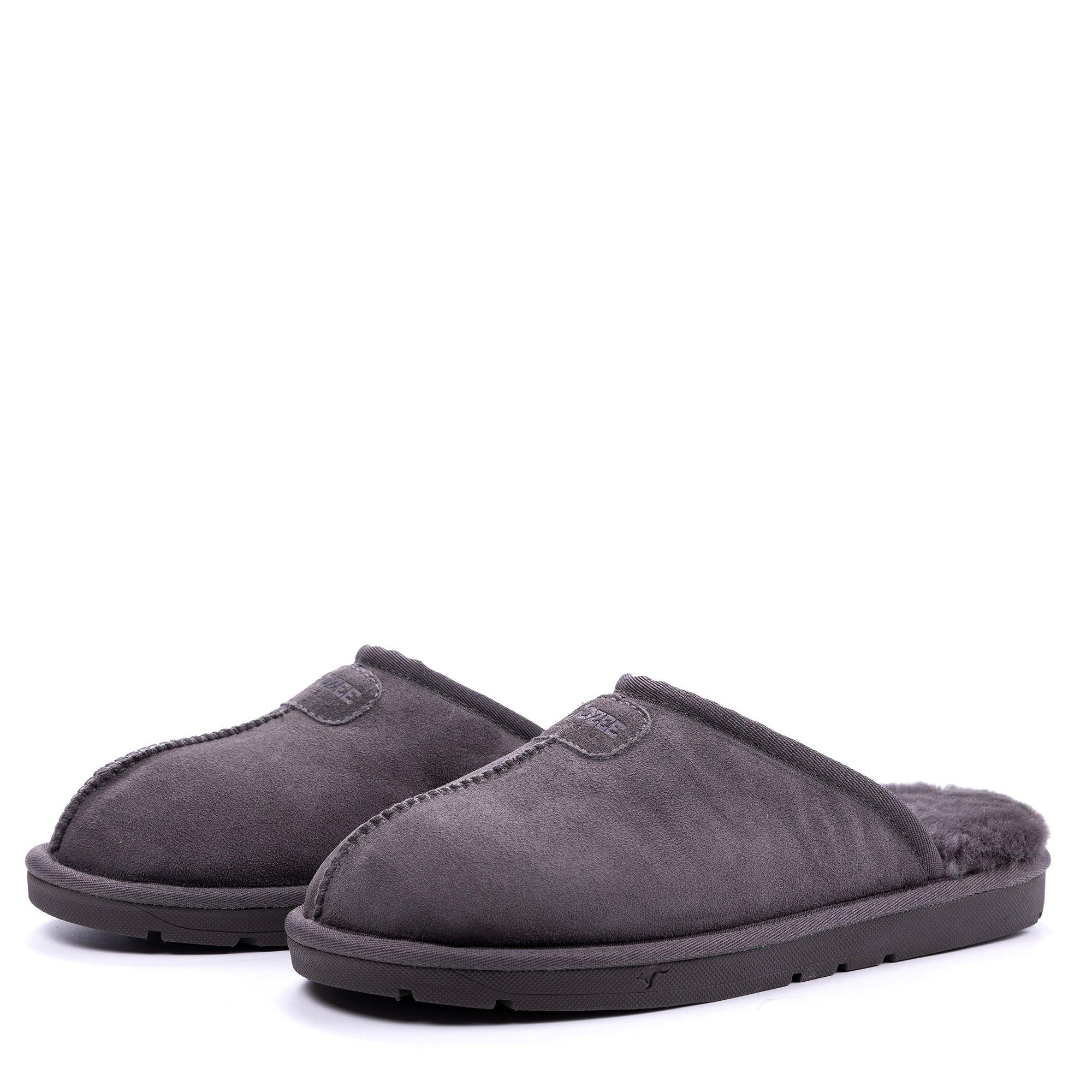 Grey UGG Roozee men's scuff slippers with soft material and slip-on design, ideal for comfortable indoor wear.