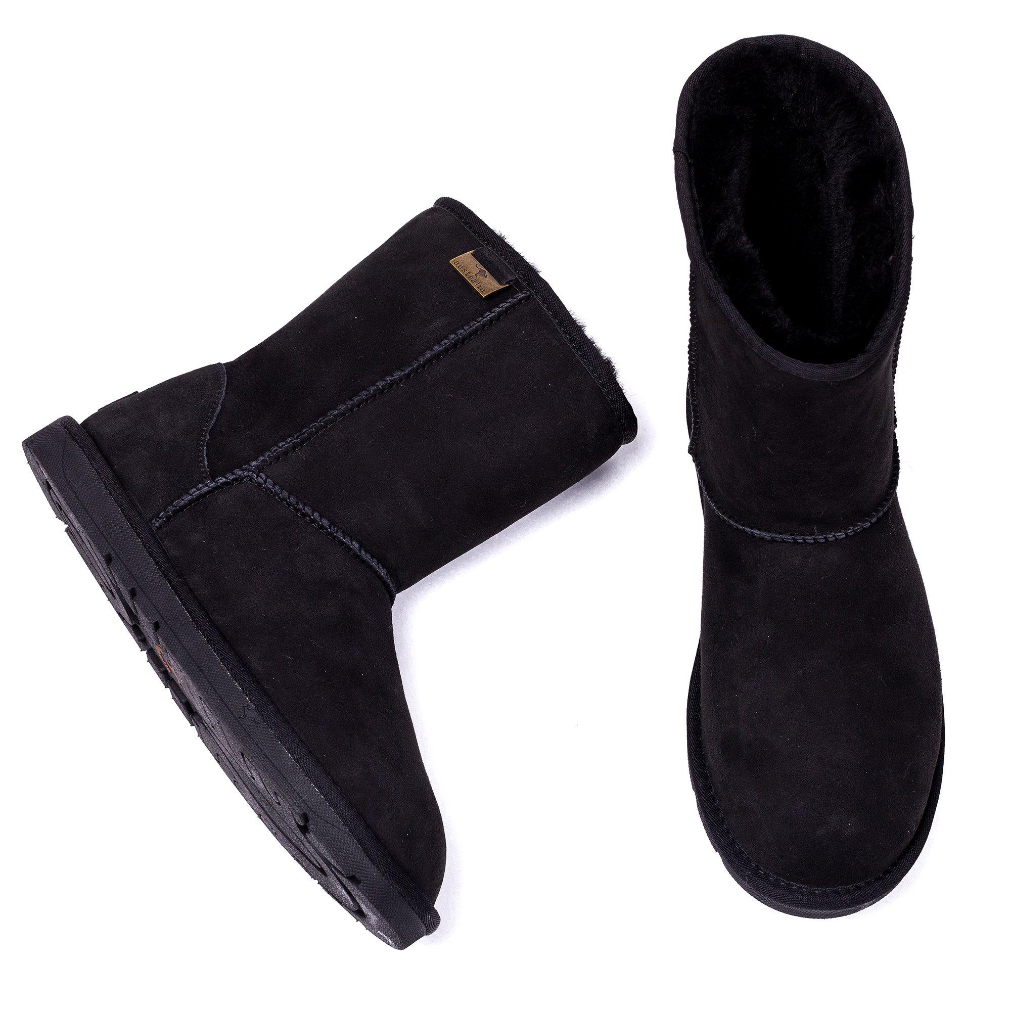 Black UGG Roozee Short Classic Boots for women, featuring suede exterior and cozy shearling lining, stylish winter footwear.