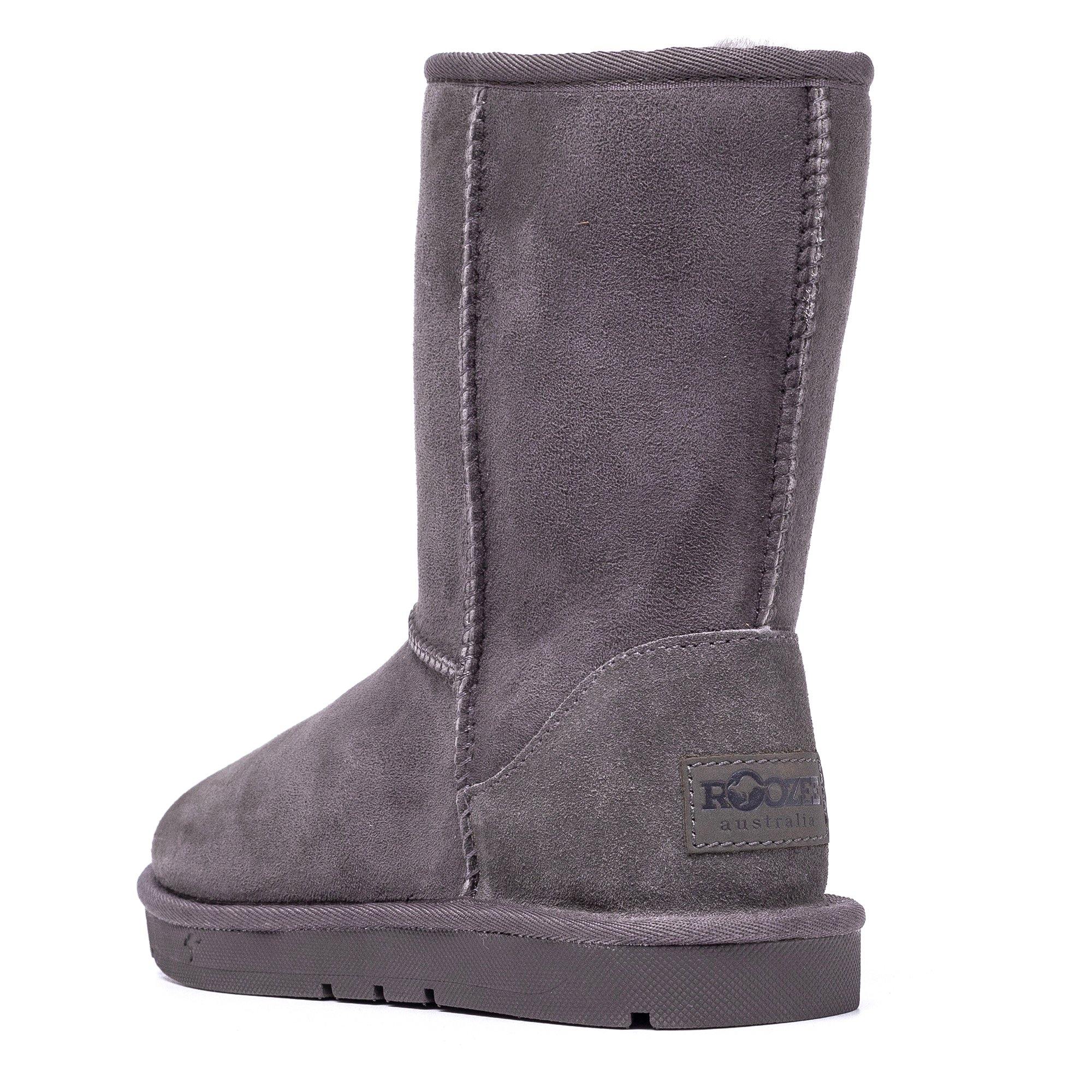 Grey Roozee UGG Roozee Short Classic Boots for women, showcasing the cozy suede exterior and plush sheepskin lining.