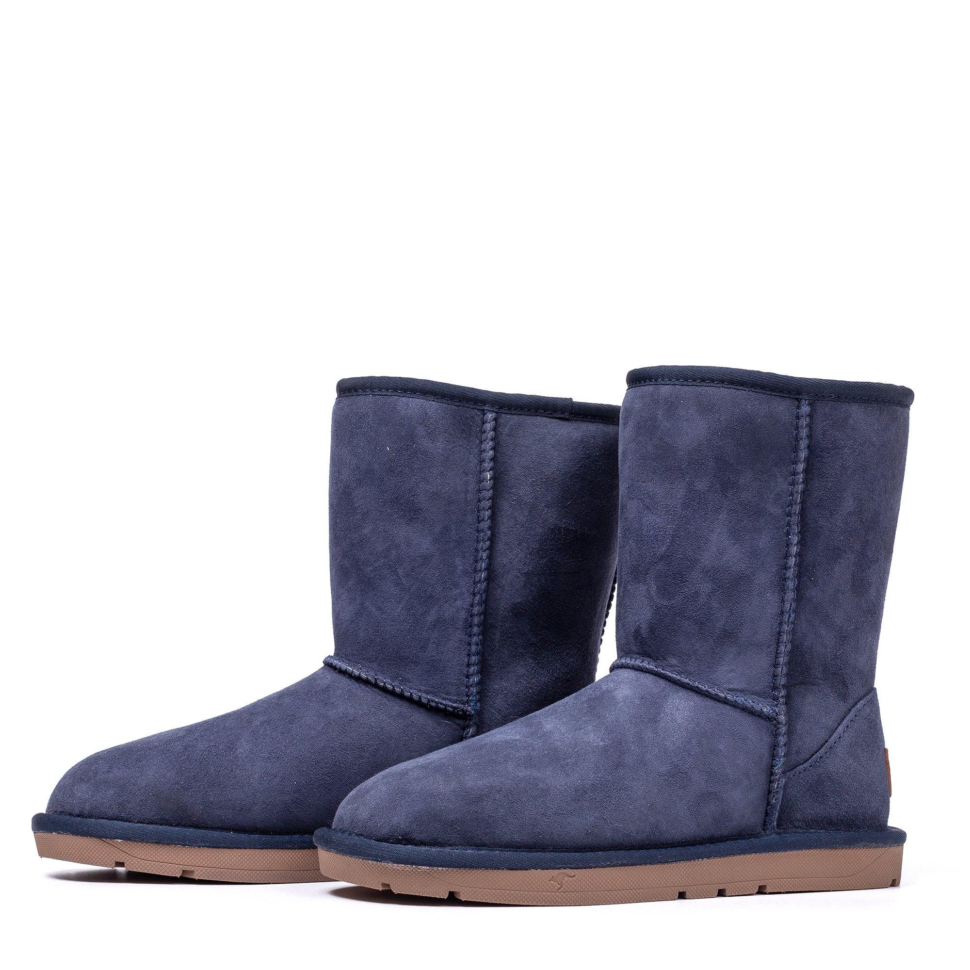 Navy UGG Roozee Short Classic Boots for women, featuring soft sheepskin lining and a durable rubber sole.