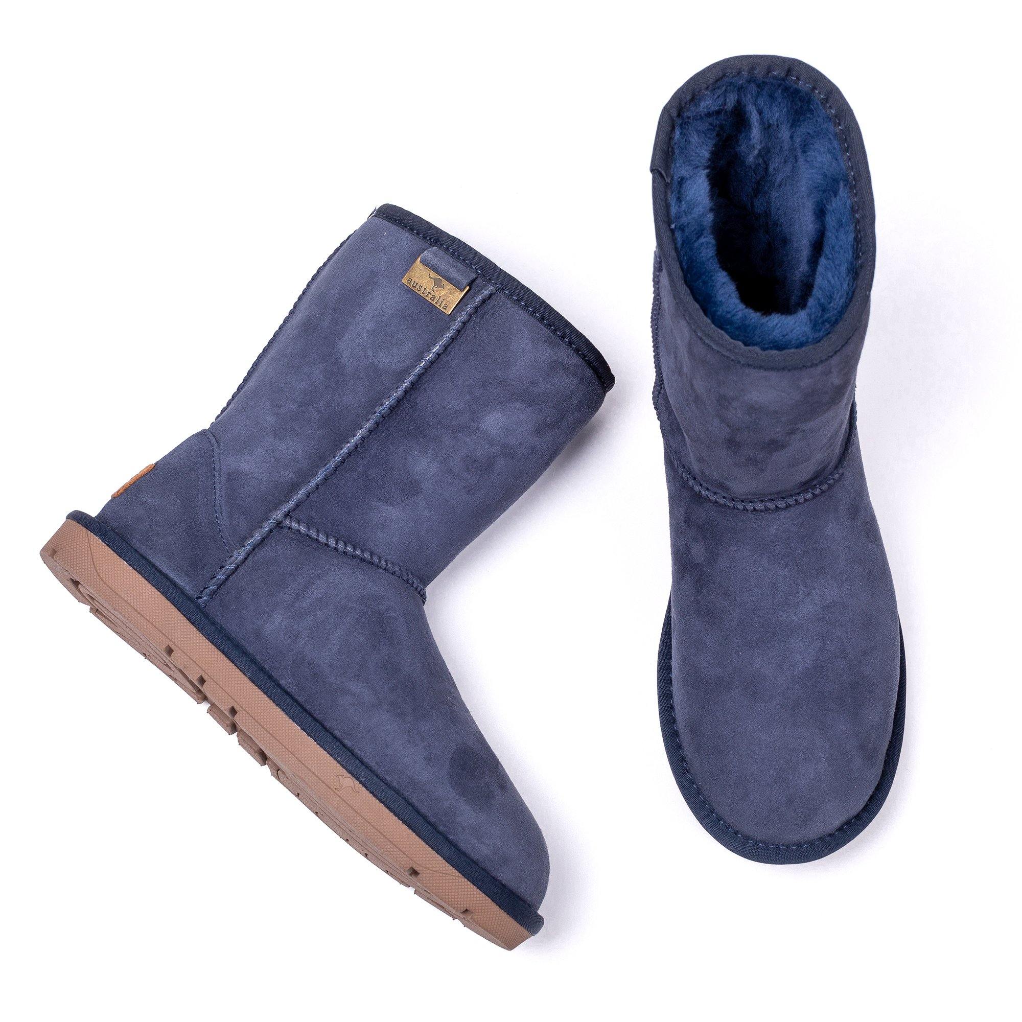 Navy UGG Roozee Short Classic Boots for women, showing the suede exterior and sheepskin lining of these stylish winter shoes.