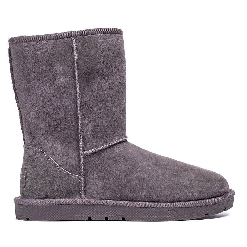 Grey Roozee UGG Roozee Short Classic Boots for women, showcasing soft suede exterior and cozy sheepskin lining.