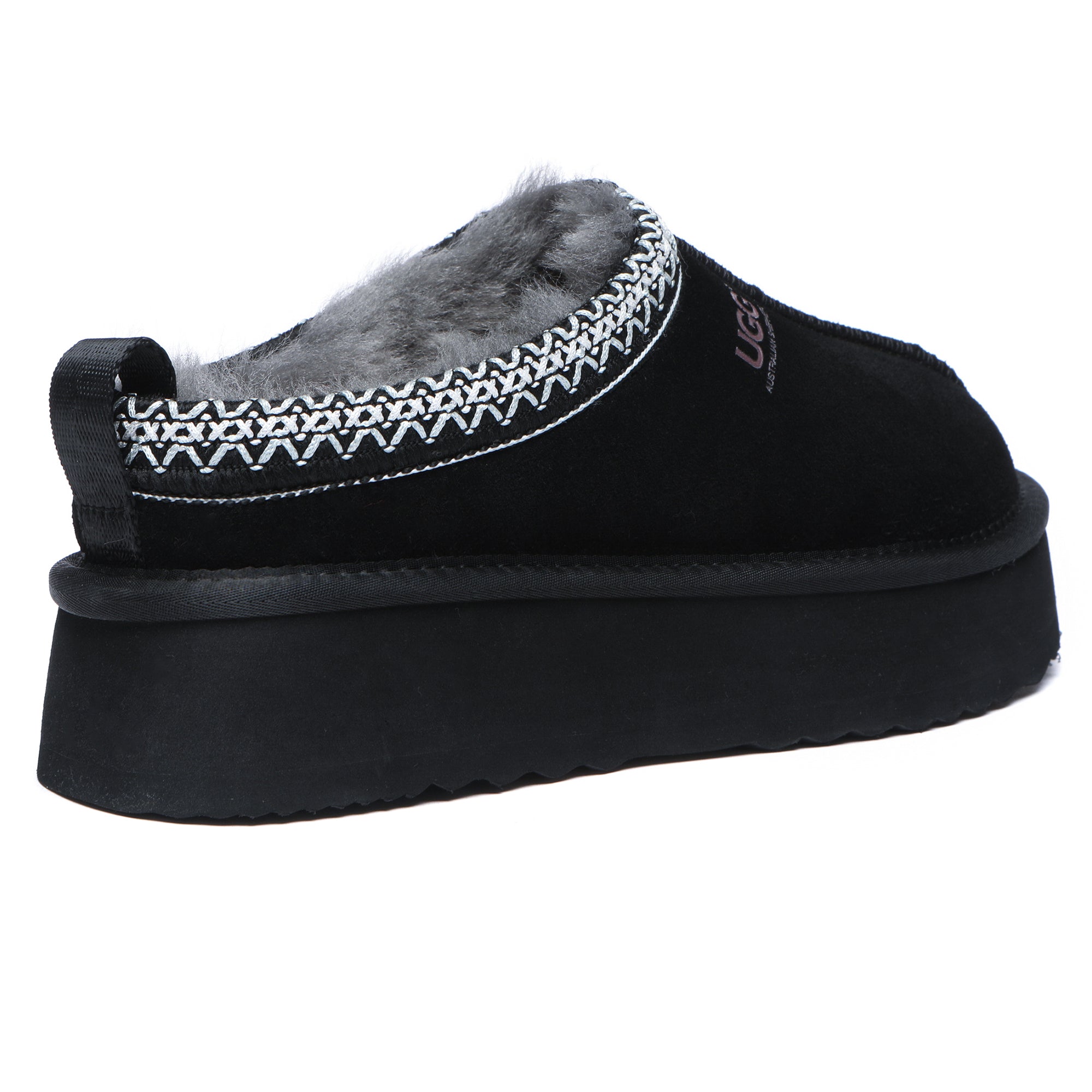 Black Vinny UGG platform slippers by EverUgg with plush interior and thick sole, designed for comfort and casual wear.