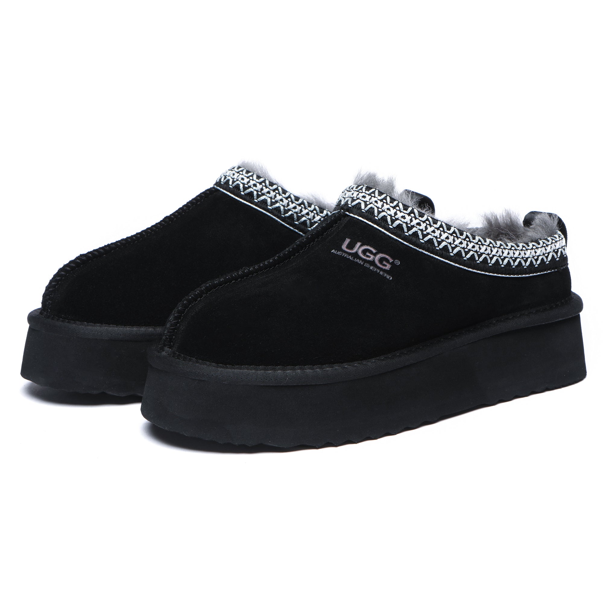 Black Vinny UGG platform slippers by EverUgg with plush interior and thick sole, designed for comfort and casual wear.