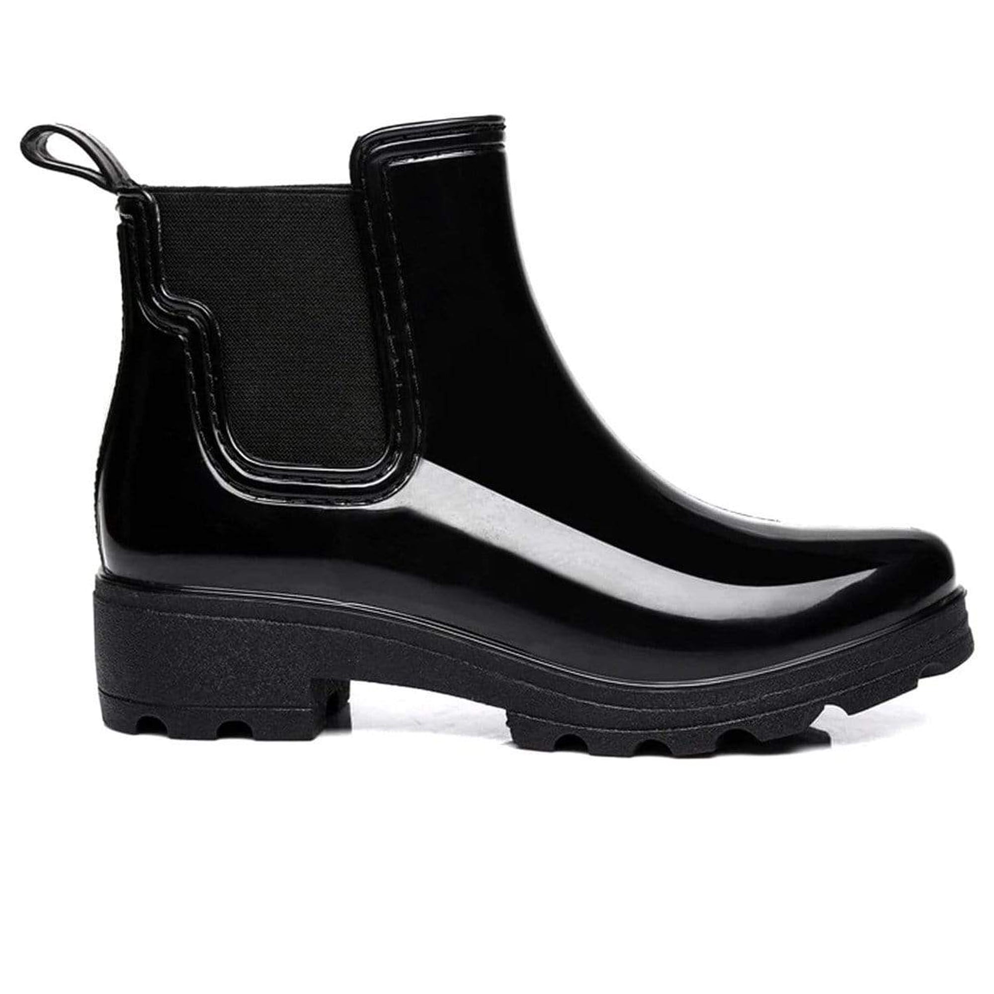 Black Vivien Waterproof UGG rain boots for women by Snuggyz, showcasing stylish waterproof fashion boots with a sleek design.